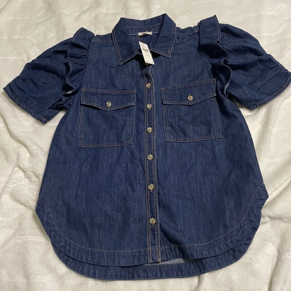 Pilcro Tops - Pilcro Denim Shirt Womens M Indigo Ruffle Puff Sleeve Button Down OB2069259